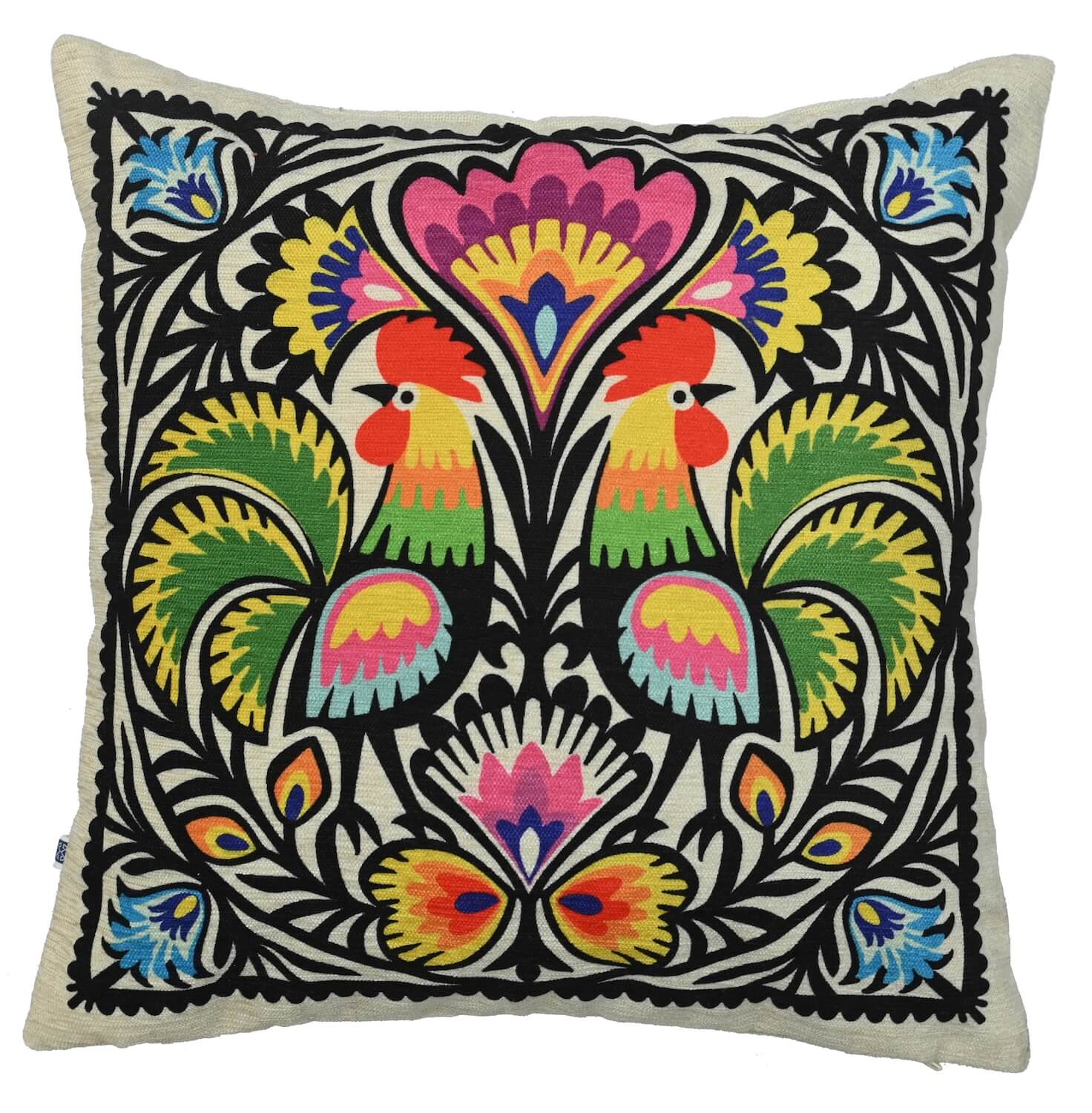 Decorative Polska Cock Print Art Silk Chenille Weave Multicolour Cushion Cover Size 16"x16"