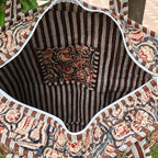 Hand Block Kalamkari Printed Quilted Tote Bag Brown Size 18"x18"