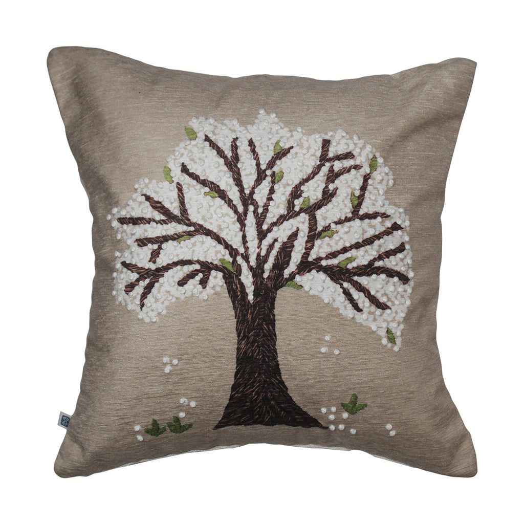 Tree of Life Hand Knot Embroidery and Print Art Silk Cheneil Weave and Beige Cushion Cover Size 16"x16"