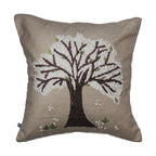 Tree of Life Hand Knot Embroidery and Print Art Silk Cheneil Weave and Beige Cushion Cover Size 16"x16"