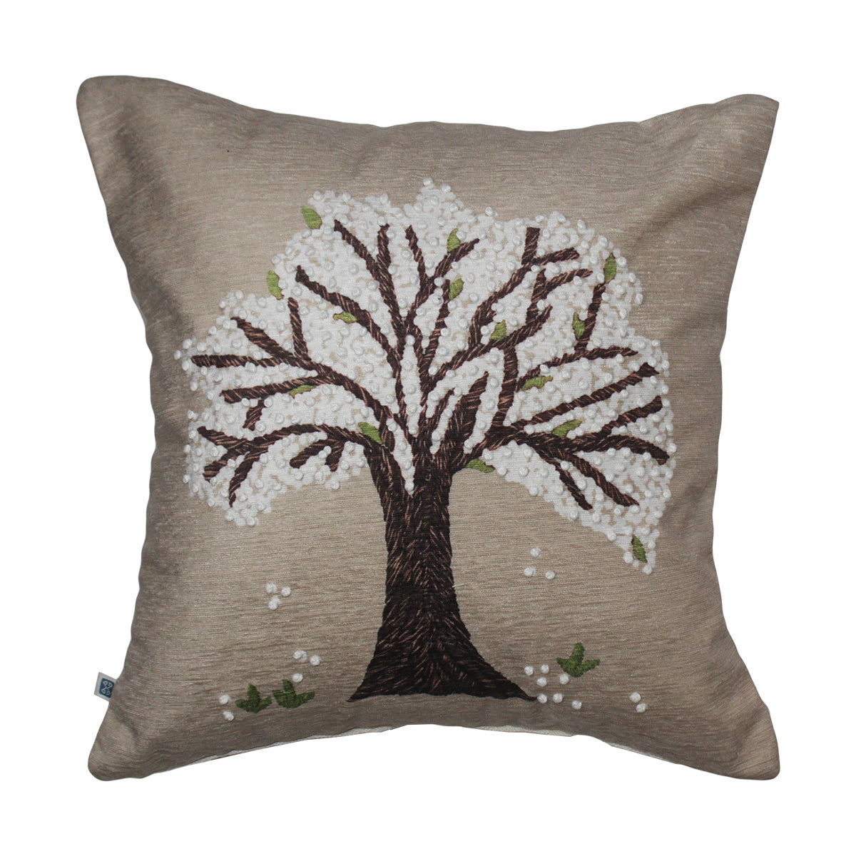 Tree of Life Hand Knot Embroidery and Print Art Silk Cheneil Weave and Beige Cushion Cover Size 16"x16"