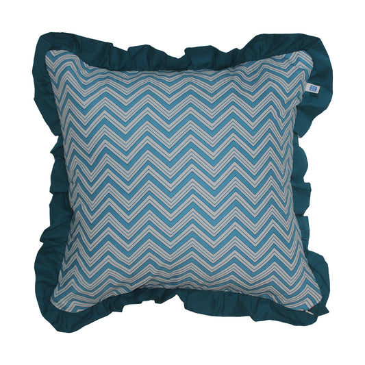 Block Print Global Threads Solid Blue Frill Reversible Cotton Cushion Cover Size 16"x16" Set of 2