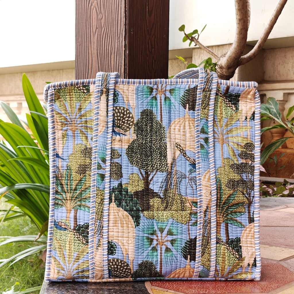 Hand Block Heritage Printed Quilted Tote Bag Blue Size 18"x18"