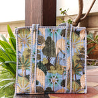 Hand Block Heritage Printed Quilted Tote Bag Blue Size 18"x18"