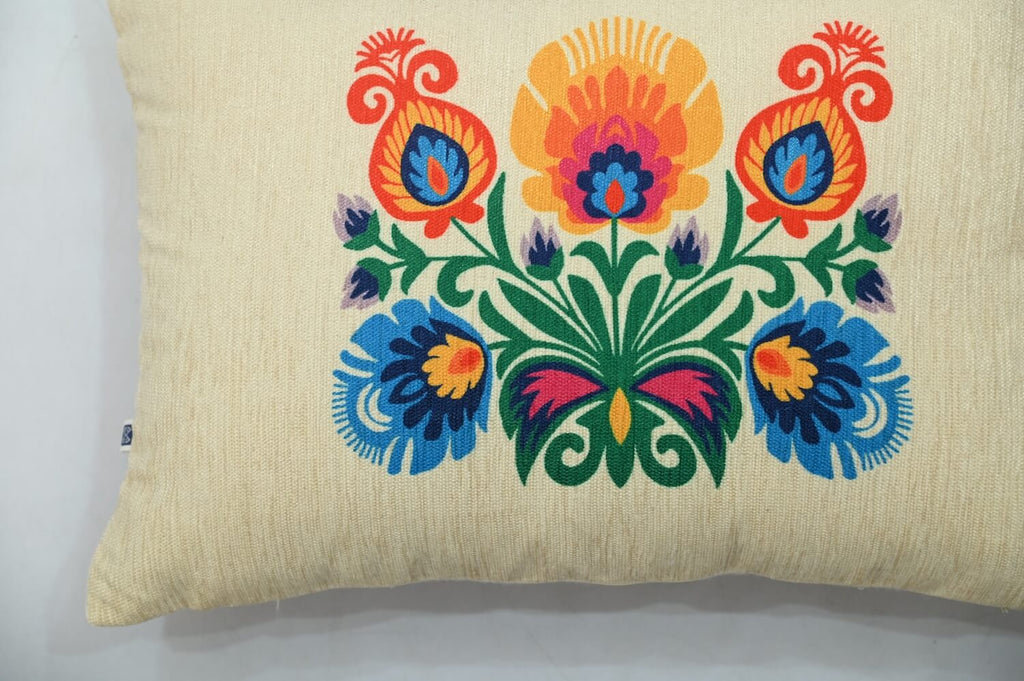 Classic Polaska Floral Printed Offwhite Polyester Lumbar Cushion Cover with filler 12 x 18 inch