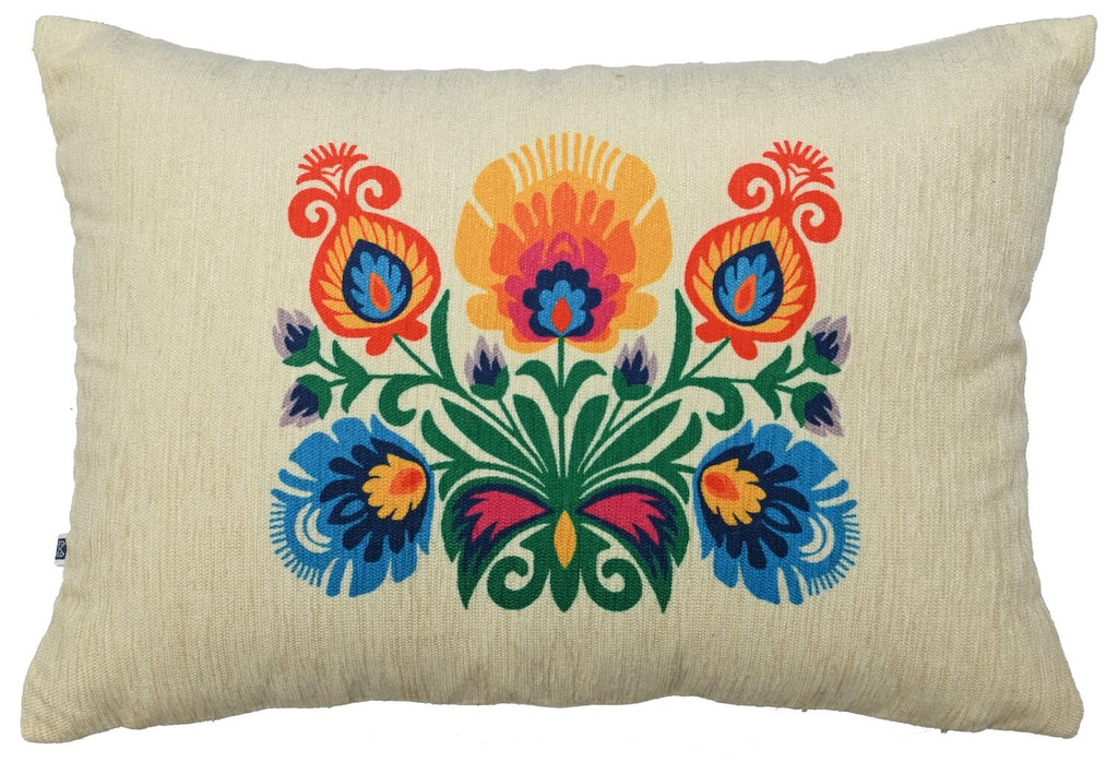 Classic Polaska Floral Printed Offwhite Polyester Lumbar Cushion Cover with filler 12 x 18 inch