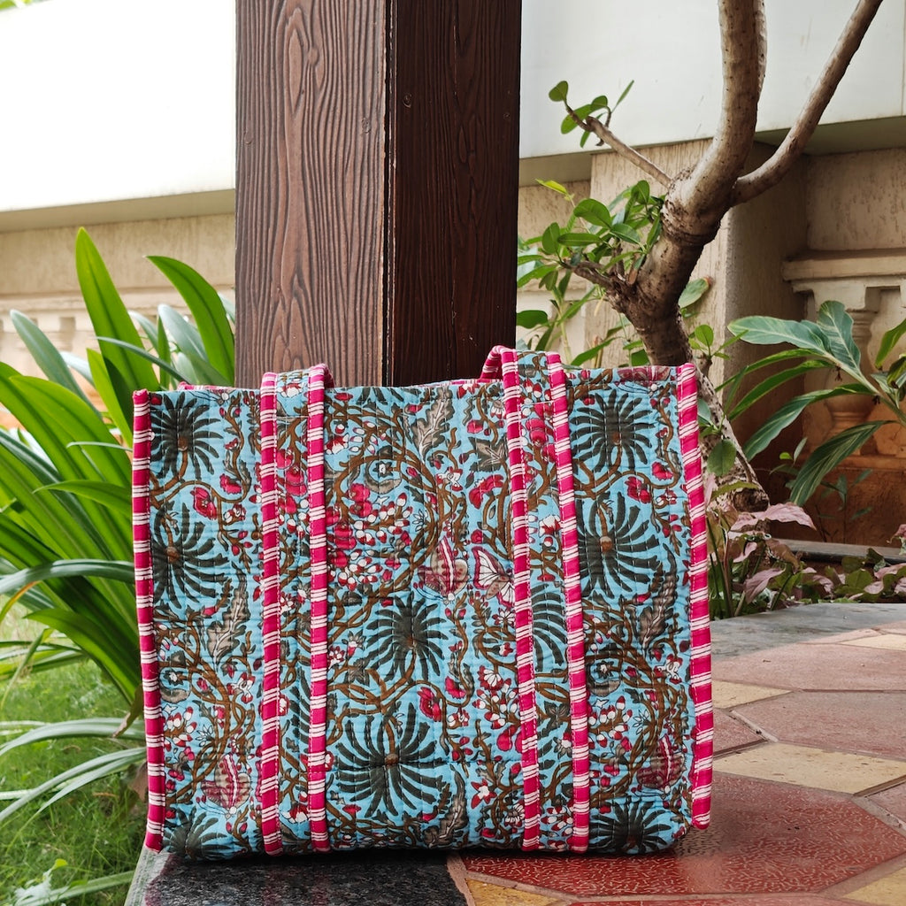 Hand Block Floral Printed Quilted Tote Bag Blue & Pink Size 14"x14"