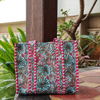 Hand Block Floral Printed Quilted Tote Bag Blue & Pink Size 14"x14"