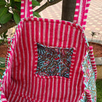 Hand Block Floral Printed Quilted Tote Bag Blue & Pink Size 14"x14"