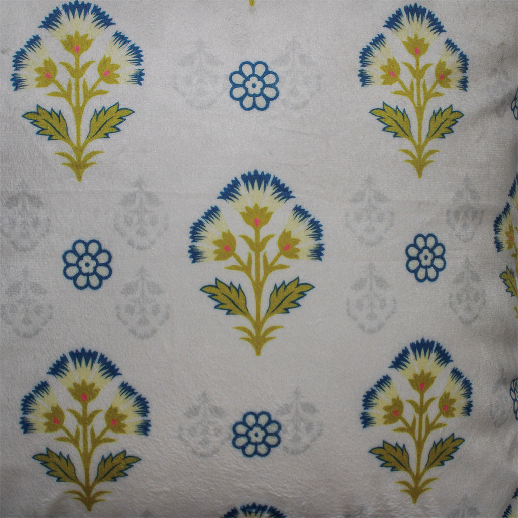 Mughal Motif Print Velvet Offwhite Blue Cushion Cover 16" x 16"
