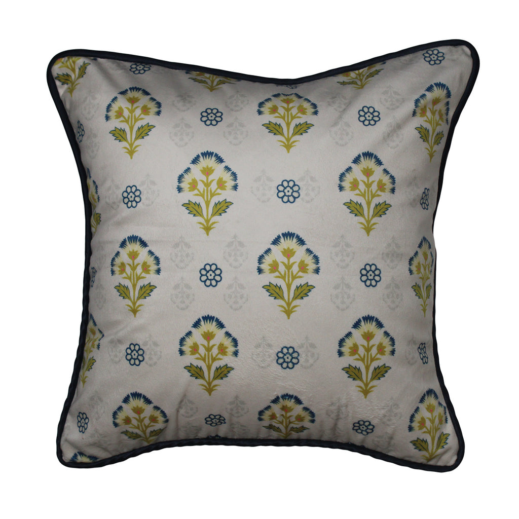 Mughal Motif Print Velvet Offwhite Blue Cushion Cover 16" x 16"