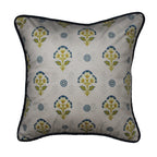 Mughal Motif Print Velvet Offwhite Blue Cushion Cover 16" x 16"