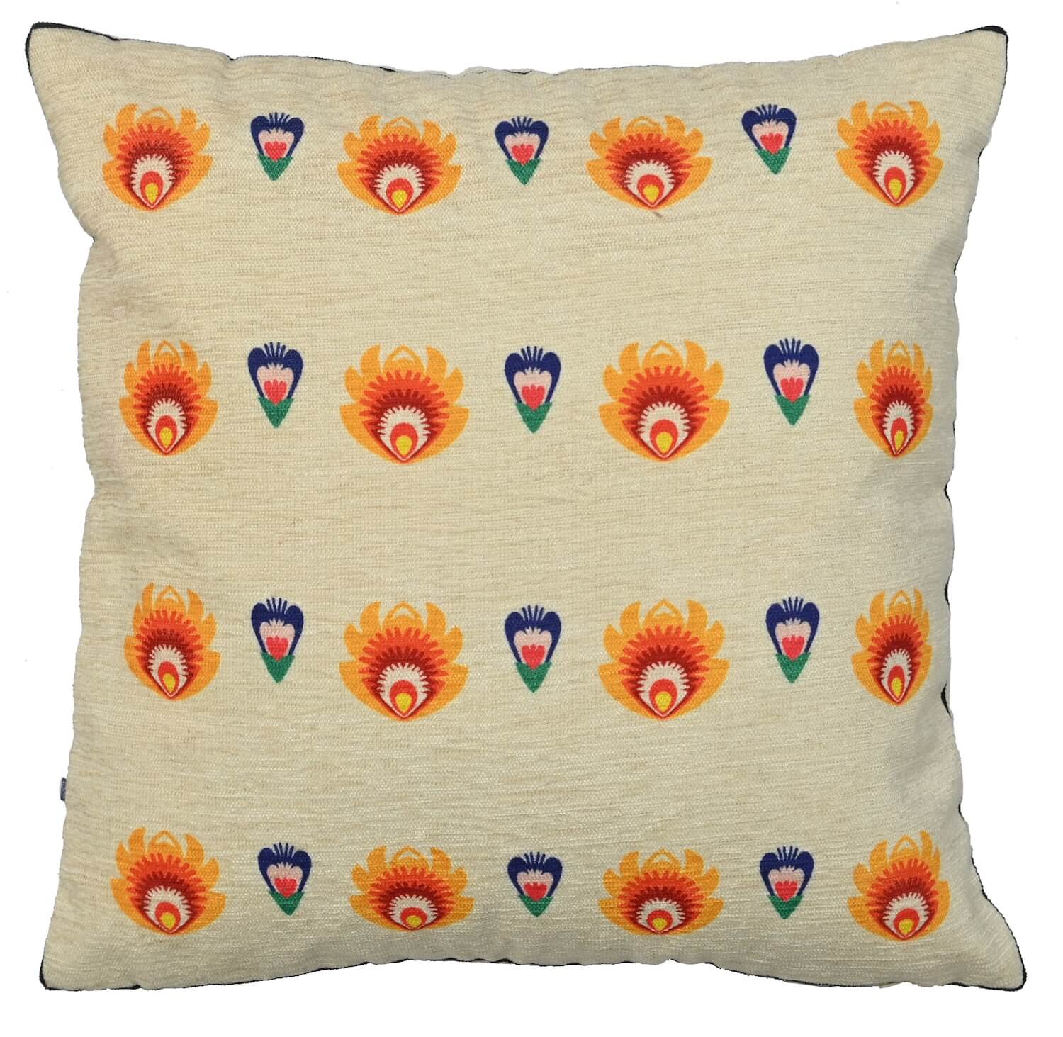 Decorative Polska Buti Print Art Silk Chenille Weave Cream Cushion Cover Size 16"x16" Set of