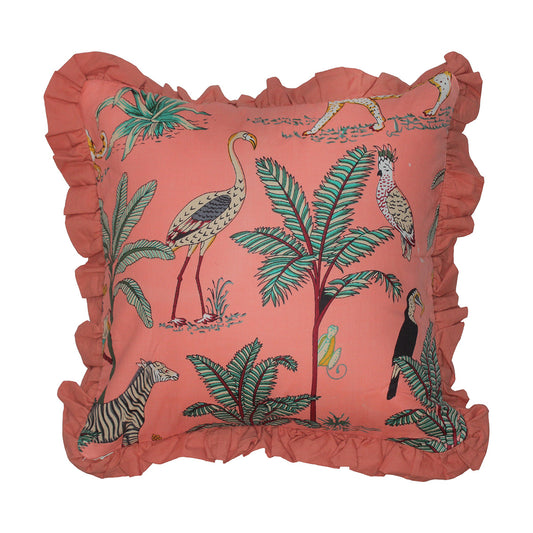 Wild Tropica Print Solid Peach Frill Reversible Cotton Cushion Cover Size 16"x16" Set of 2