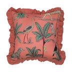 Wild Tropica Print Solid Peach Frill Reversible Cotton Cushion Cover Size 16"x16" Set of 2