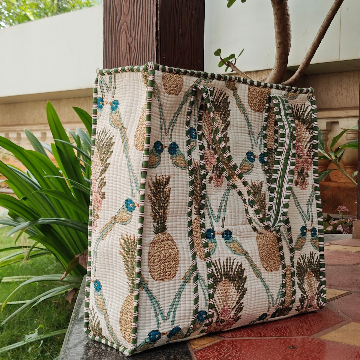 Hand Block Palm Pineapple Printed Quilted Tote Bag Offwhite Size 18"x18"