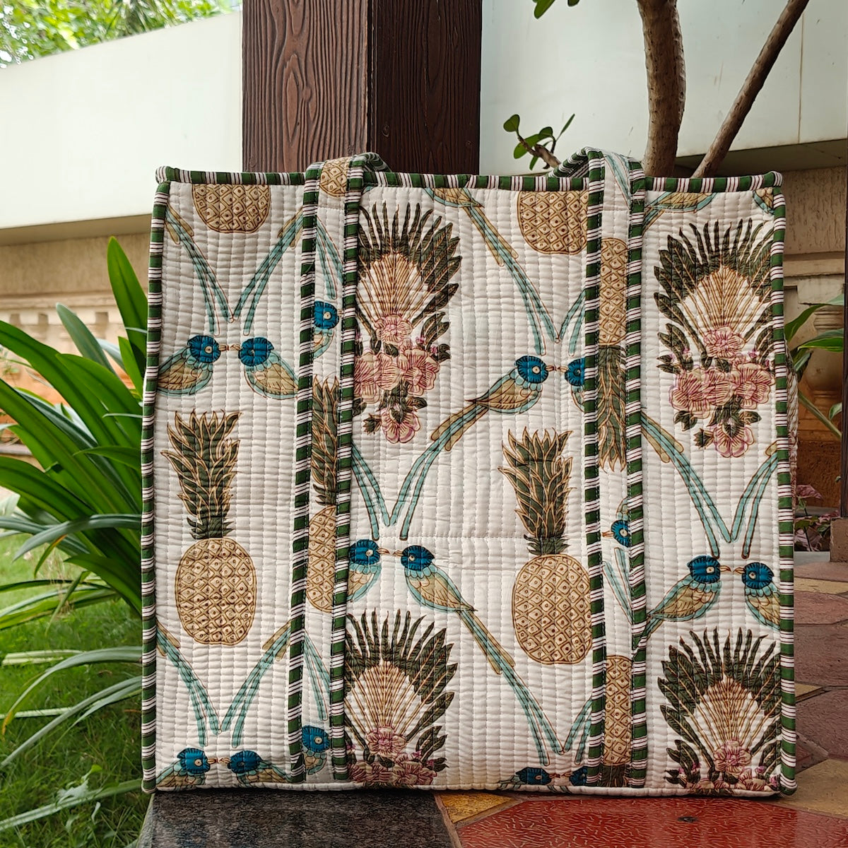 Hand Block Palm Pineapple Printed Quilted Tote Bag Offwhite Size 18"x18"