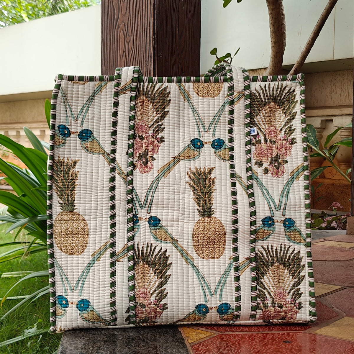 Hand Block Palm Pineapple Printed Quilted Tote Bag Offwhite Size 18"x18"