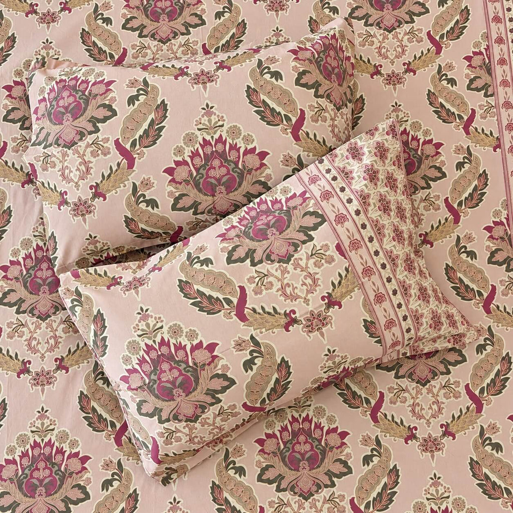 100% Cotton Super King Size Bedsheet Rose Pink 108 x108 inches Carnival Gold Floral Printed