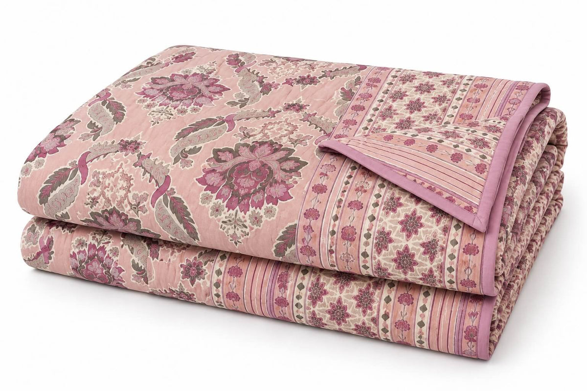100% Cotton Mulmul Dohar Double Bed Rose Pink 108 x 108 Inches Festive Meher Metallic Printed Reversible
