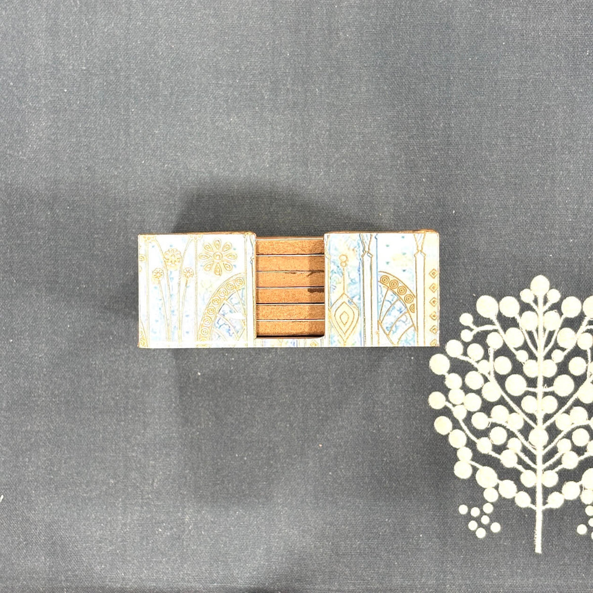 Neela Peacock Printed Mango Wood Square Coaster Set of 6 – Sky Blue
