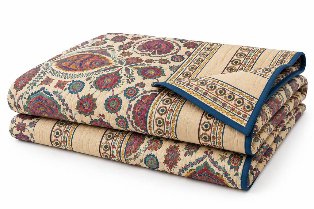 100% Cotton Mulmul Dohar Double Bed 108 x 108 Inches Festive Rangoli Metallic Printed Reversible
