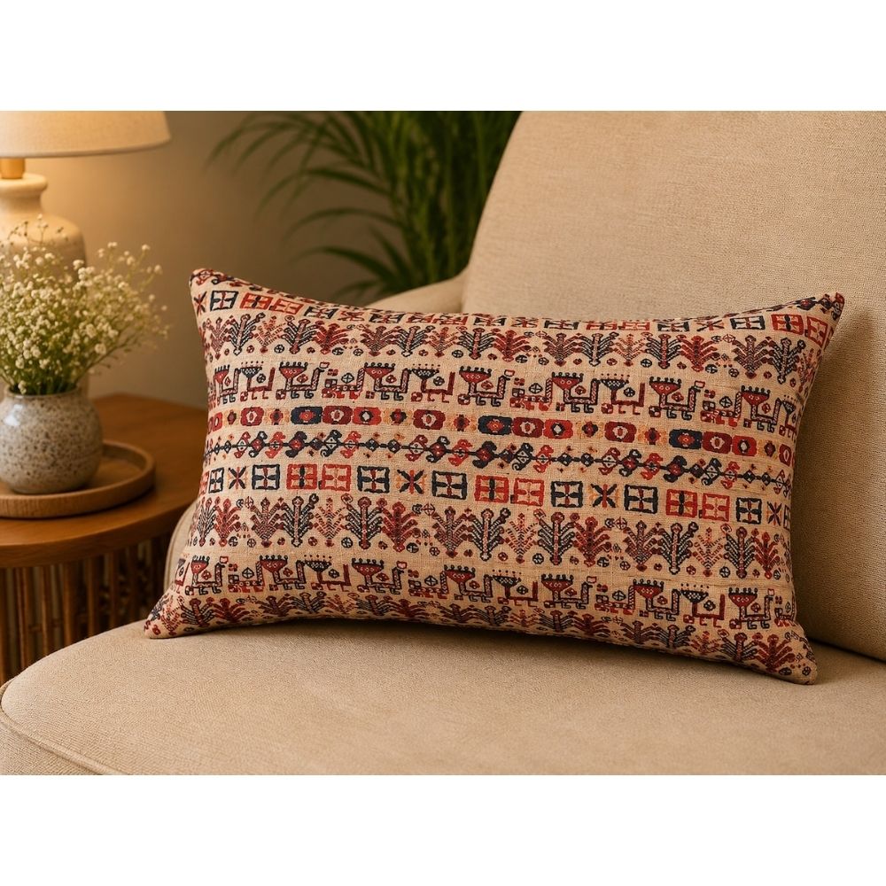 Abstract Printed Beige Khadi Art Silk Lumbar Cushion Cover with filler 12 x 20 inch