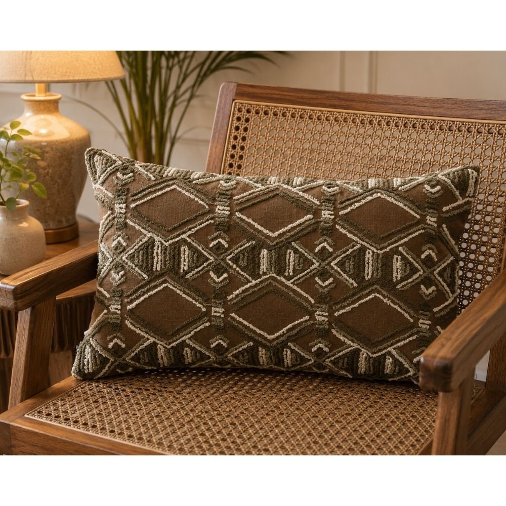 Handcrafted Decorative Embroidered Brown Polycotton Lumbar Cushion Cover with filler 12 x 20 inch