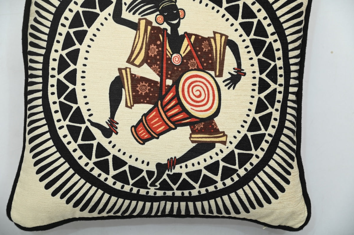African Dancing Drumer Print Art Silk Chenille Weave Cream Cushion Cover Size 16"x16"
