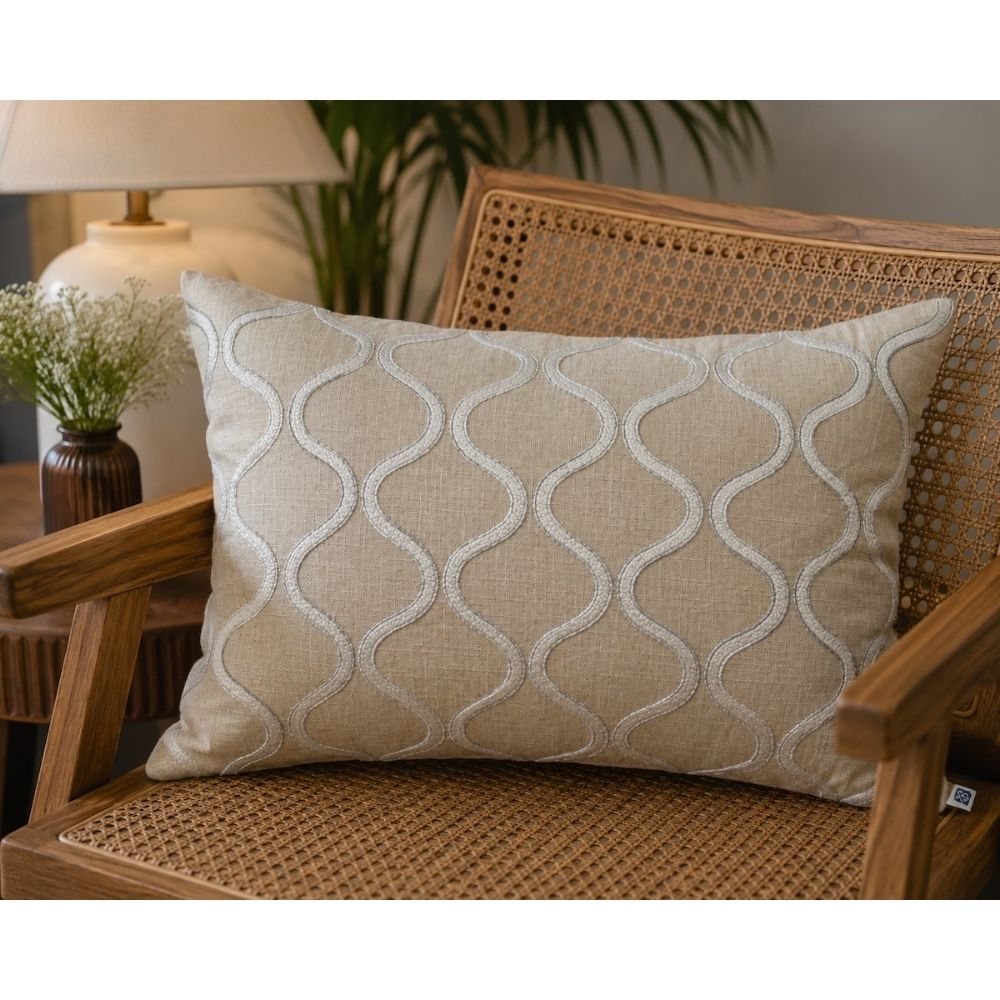 Handcrafted Decorative Embroidered Cream Polycotton Lumbar Cushion Cover with filler 14 x 20 inch