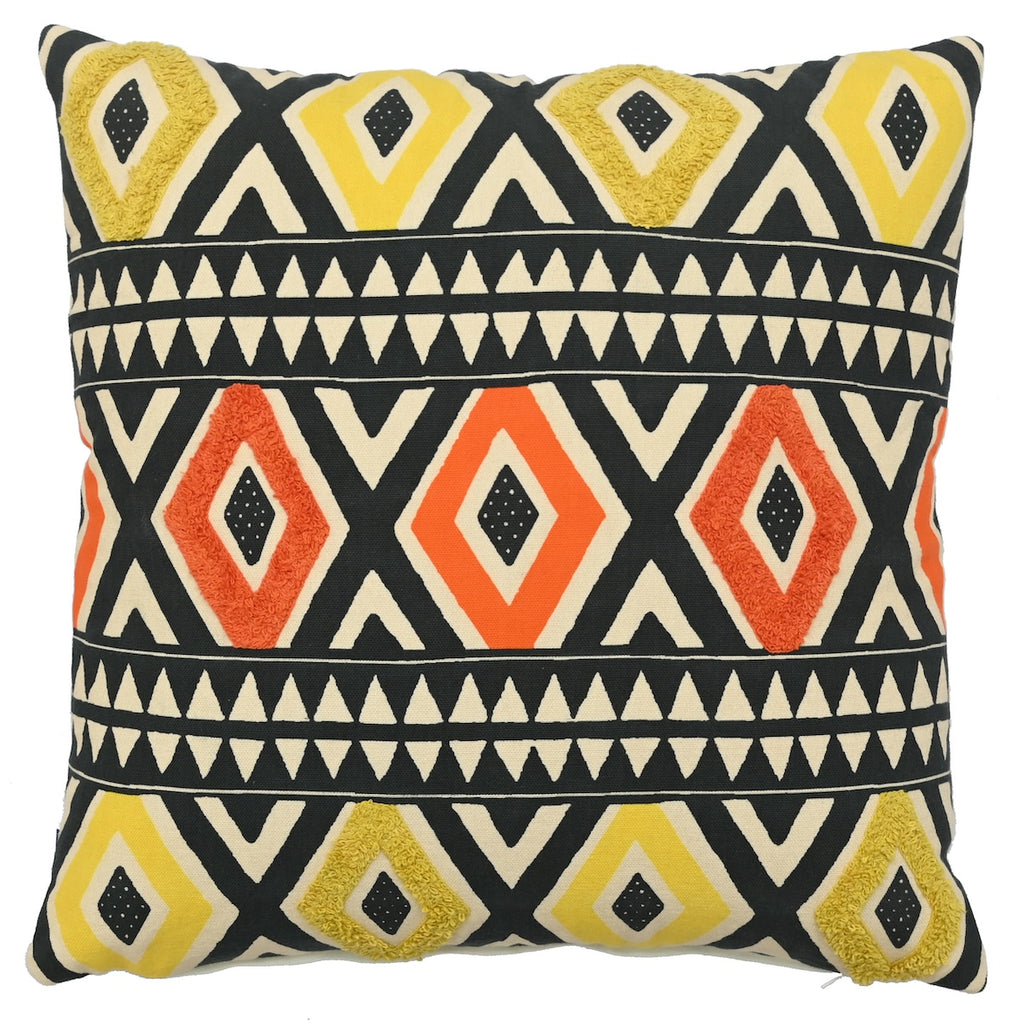 Bright Aztec Diamonds Hand Embroidery and Print Multicolour Cotton Cushion Cover Size 16"x16"