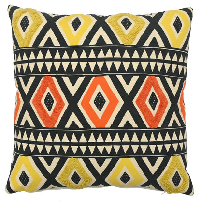 Bright Aztec Diamonds Hand Embroidery and Print Multicolour Cotton Cushion Cover Size 16"x16"