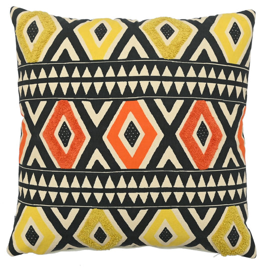 Bright Aztec Diamonds Hand Embroidery and Print Multicolour Cotton Cushion Cover Size 16"x16"