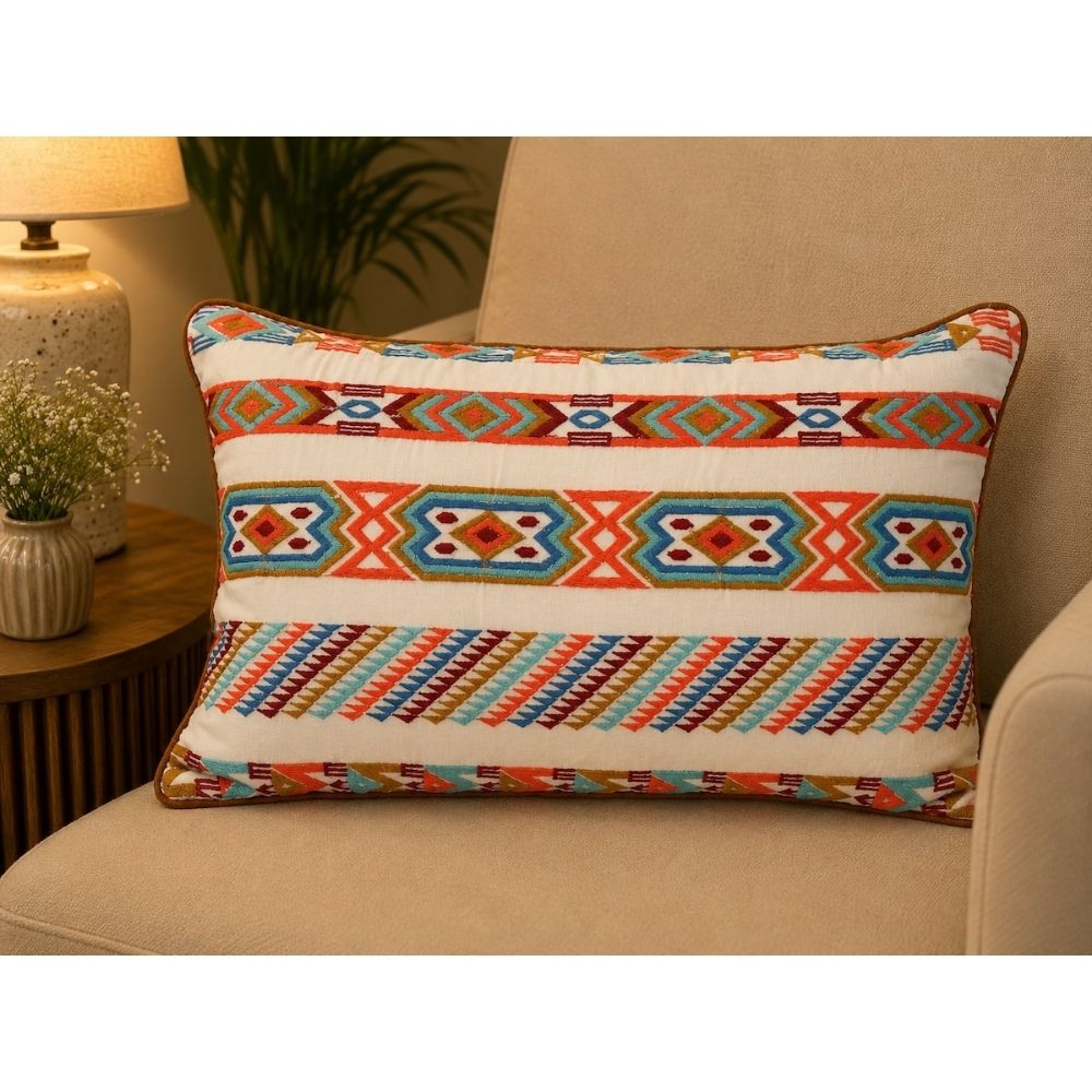 Handcrafted Decorative Embroidered Multicolour Cotton Lumbar Cushion Cover with filler 12 x 18 inch