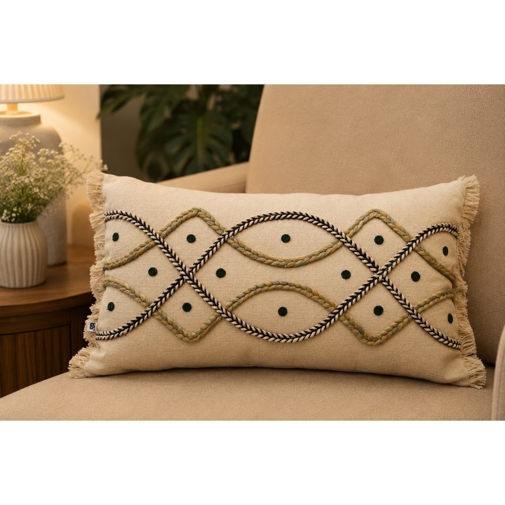 Handcrafted Decorative Embroidered Cream Cotton Lumbar Cushion Cover with filler 12 x 20