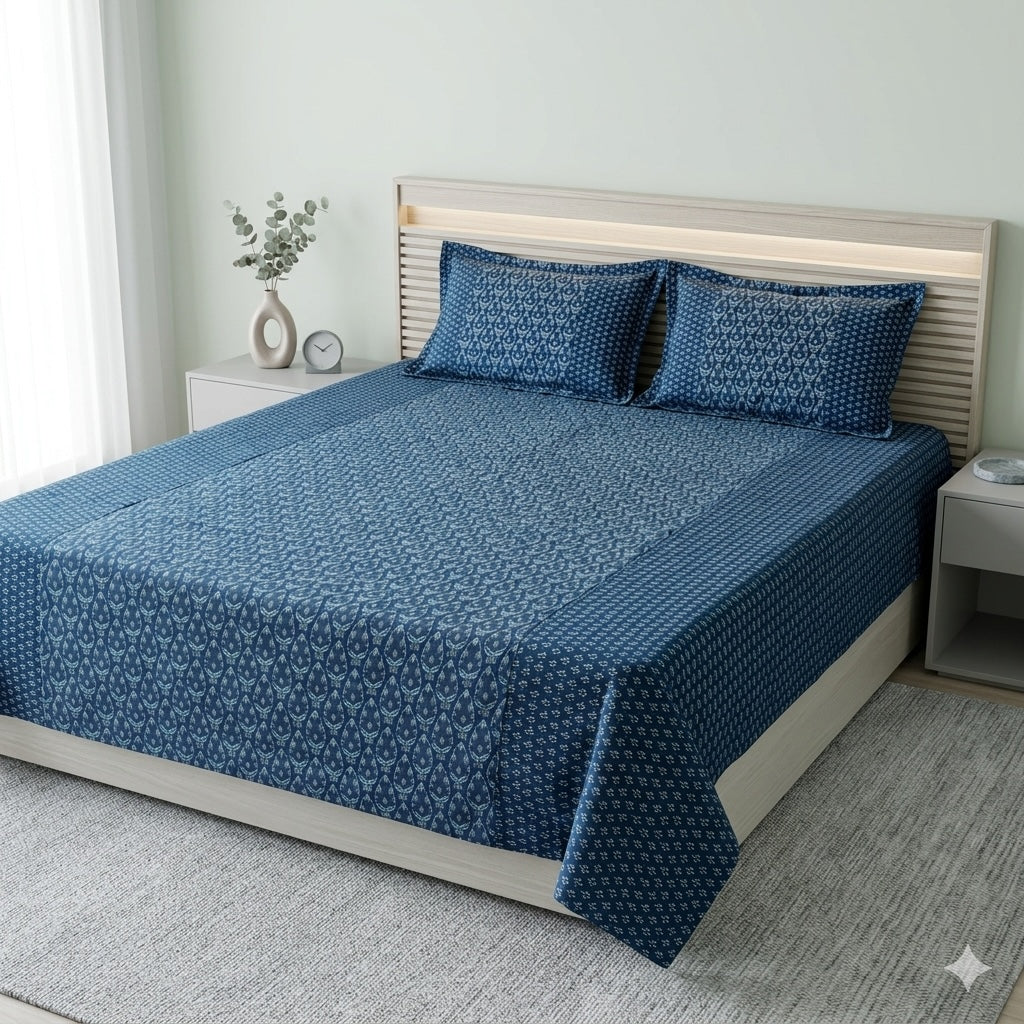 Indigo blue Jaipur block printed cotton king size bed sheet set styled on bed 90x108 inch