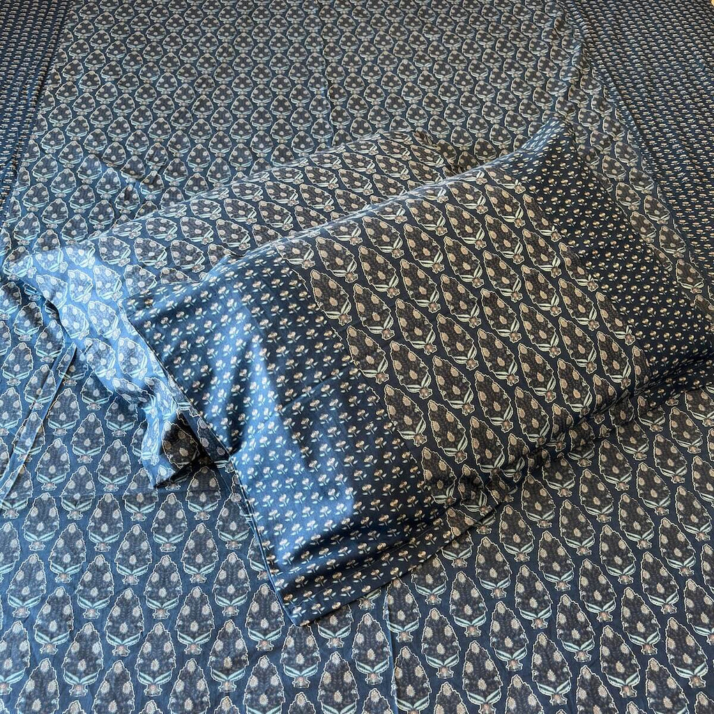 Indigo blue hand block print cotton pillow cover 17x27 inch part of king bed sheet set