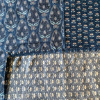 Close up of indigo blue Jaipur hand block print floral pattern on 100% cotton bed sheet