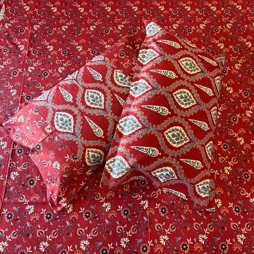 Ajrakh Rangrez  Jaipur-Block Printed- 100% Cotton -  Bedsheet - King Size  Maroon 90"x108"