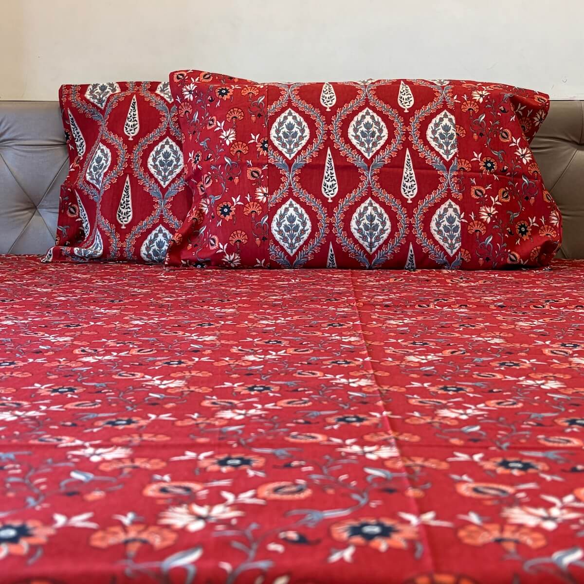 Ajrakh Rangrez  Jaipur-Block Printed- 100% Cotton -  Bedsheet - King Size  Maroon 90"x108"