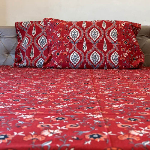 Ajrakh Rangrez  Jaipur-Block Printed- 100% Cotton -  Bedsheet - King Size  Maroon 90"x108"