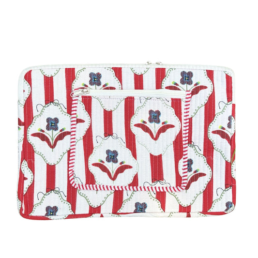 Amber Lines  Block Print Quilted  Cotton Laptop Sleeve with Front Pocket Red 10"x15"