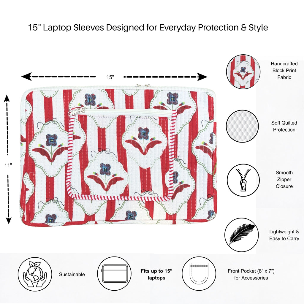 Amber Lines  Block Print Quilted  Cotton Laptop Sleeve with Front Pocket Red 10"x15"
