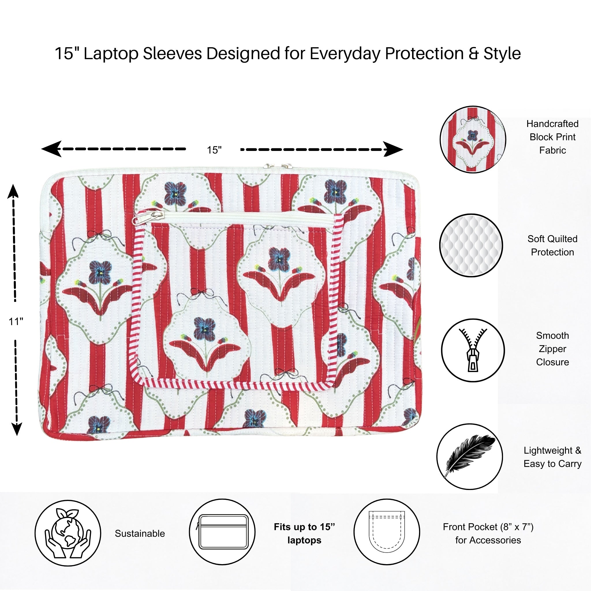 Amber Lines  Block Print Quilted  Cotton Laptop Sleeve with Front Pocket Red 10"x15"