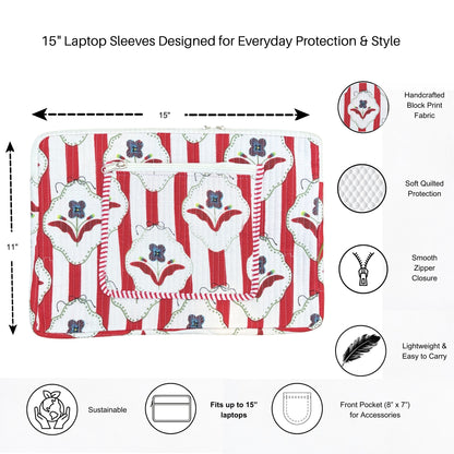 Amber Lines  Block Print Quilted  Cotton Laptop Sleeve with Front Pocket Red 10"x15"