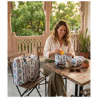 Amber Lines  Block Print Quilted  Cotton Tote Bag With Pouch Set of 4 Grey 15"x15"