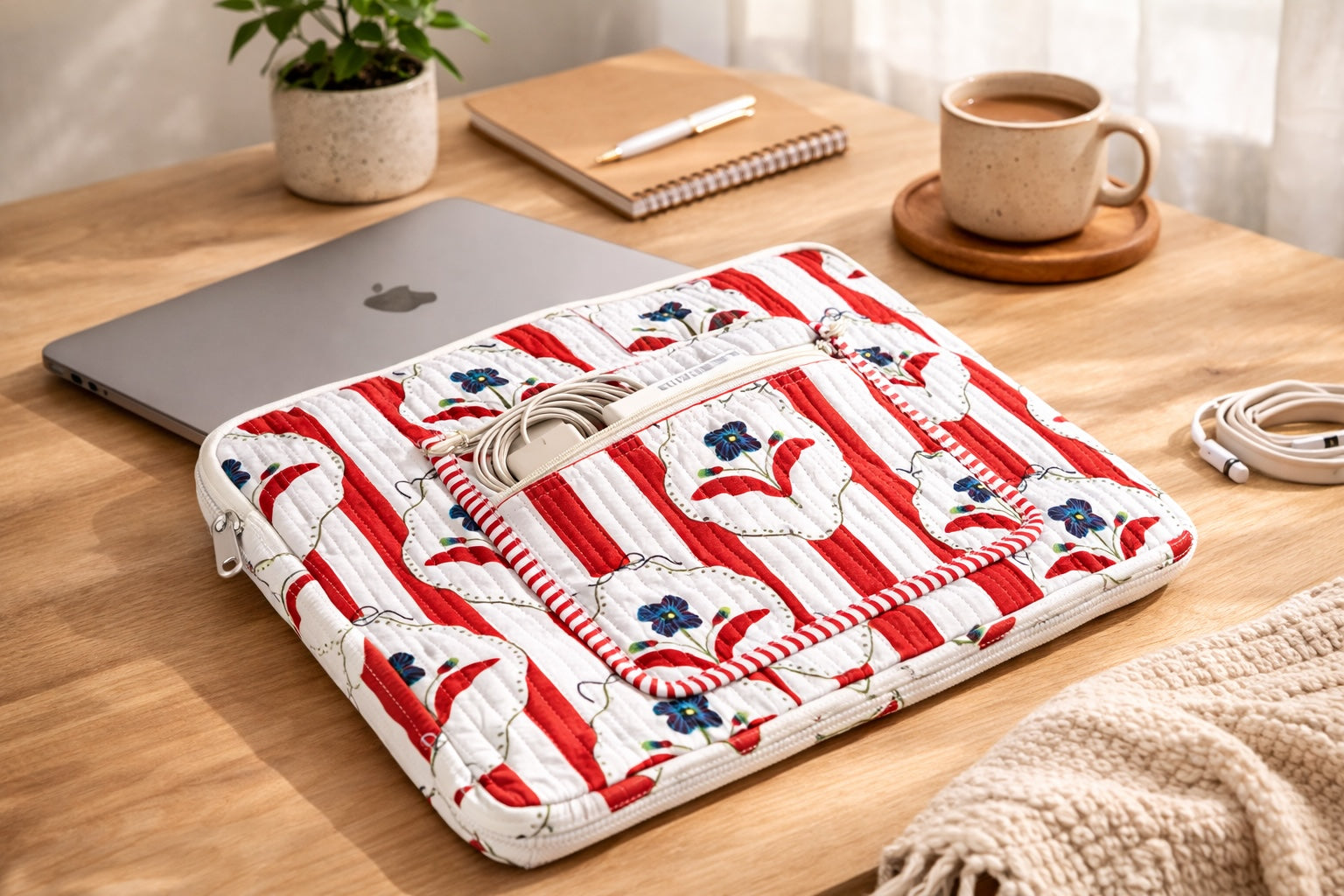 Amber Lines  Block Print Quilted  Cotton Laptop Sleeve with Front Pocket Red 10"x15"