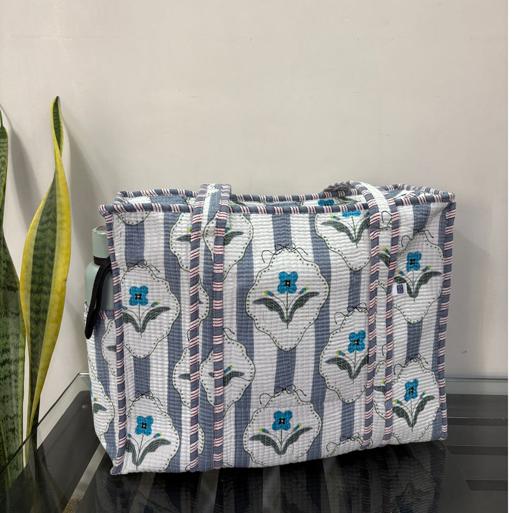Amber Lines  Block Print Quilted  Cotton Tote Bag With Pouch Set of 4 Grey 15"x15"