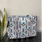 Amber Lines  Block Print Quilted  Cotton Tote Bag With Pouch Set of 4 Grey 15"x15"