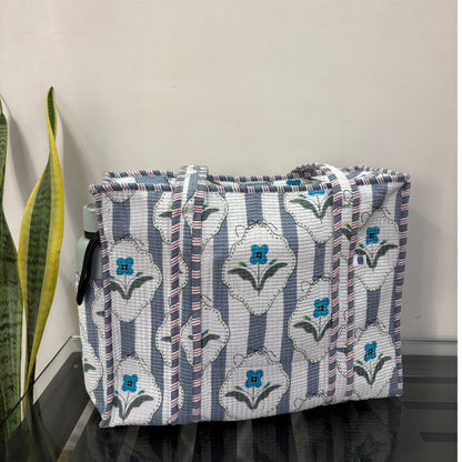 Amber Lines  Block Print Quilted  Cotton Tote Bag With Pouch Set of 4 Grey 15"x15"